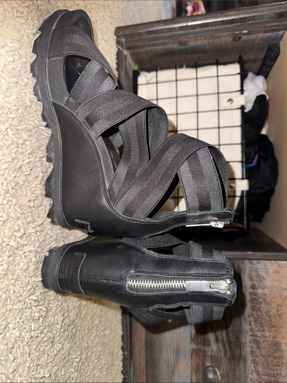 Sorel Black Strappy Wedge Zip-Back Heeled Sandal Boots